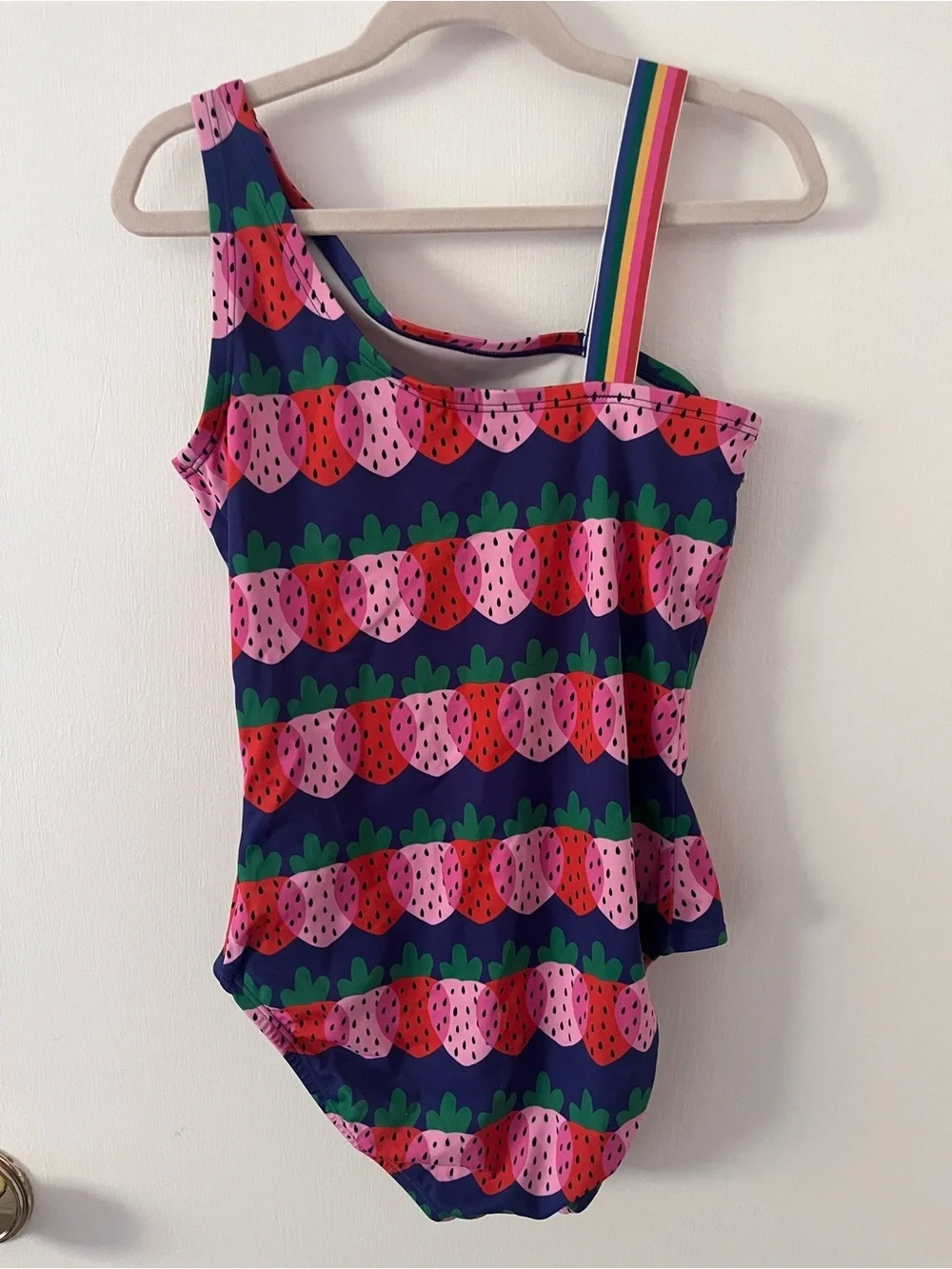 Hanna Andersson Rainbow Strawberry Stripe Asymmetrical One Piece Bathing Suit 12